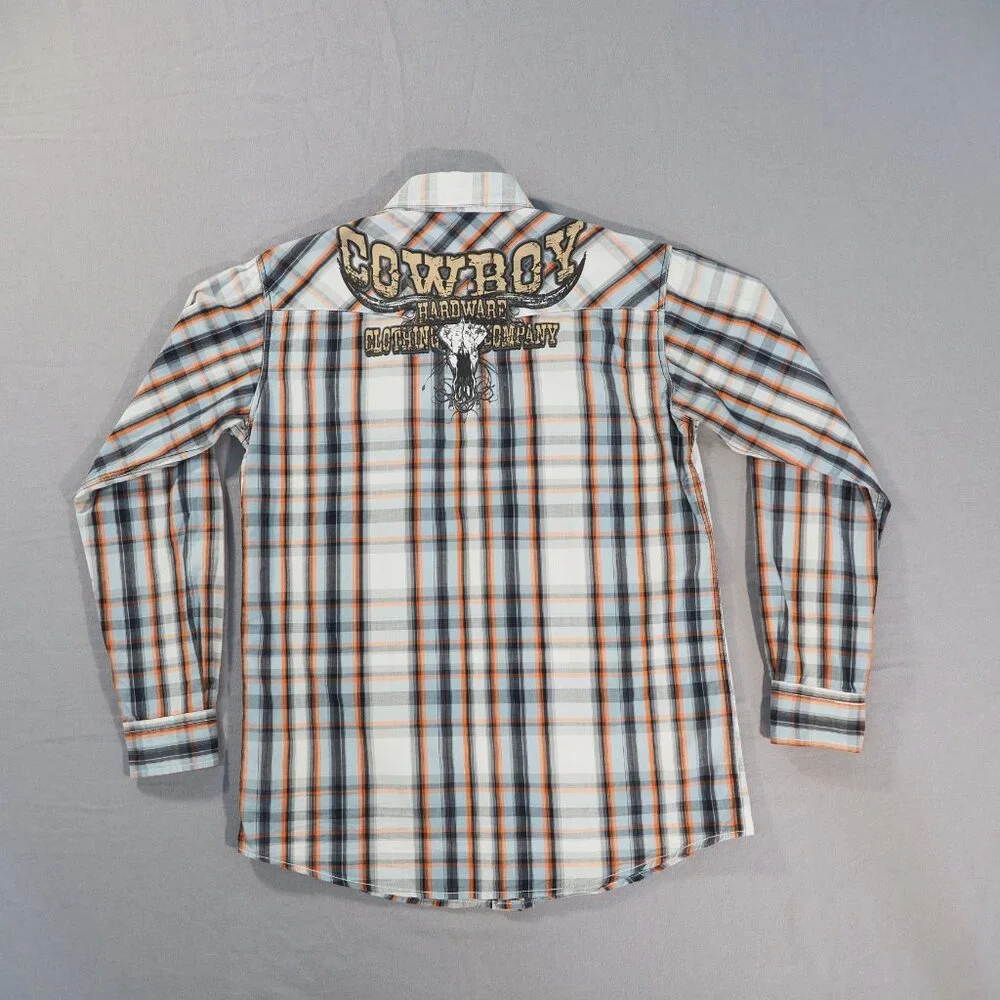 Cowboy Hardware Shirt Boys Extra Large Blue Plaid Pearl Snap Western Rodeo Ranch